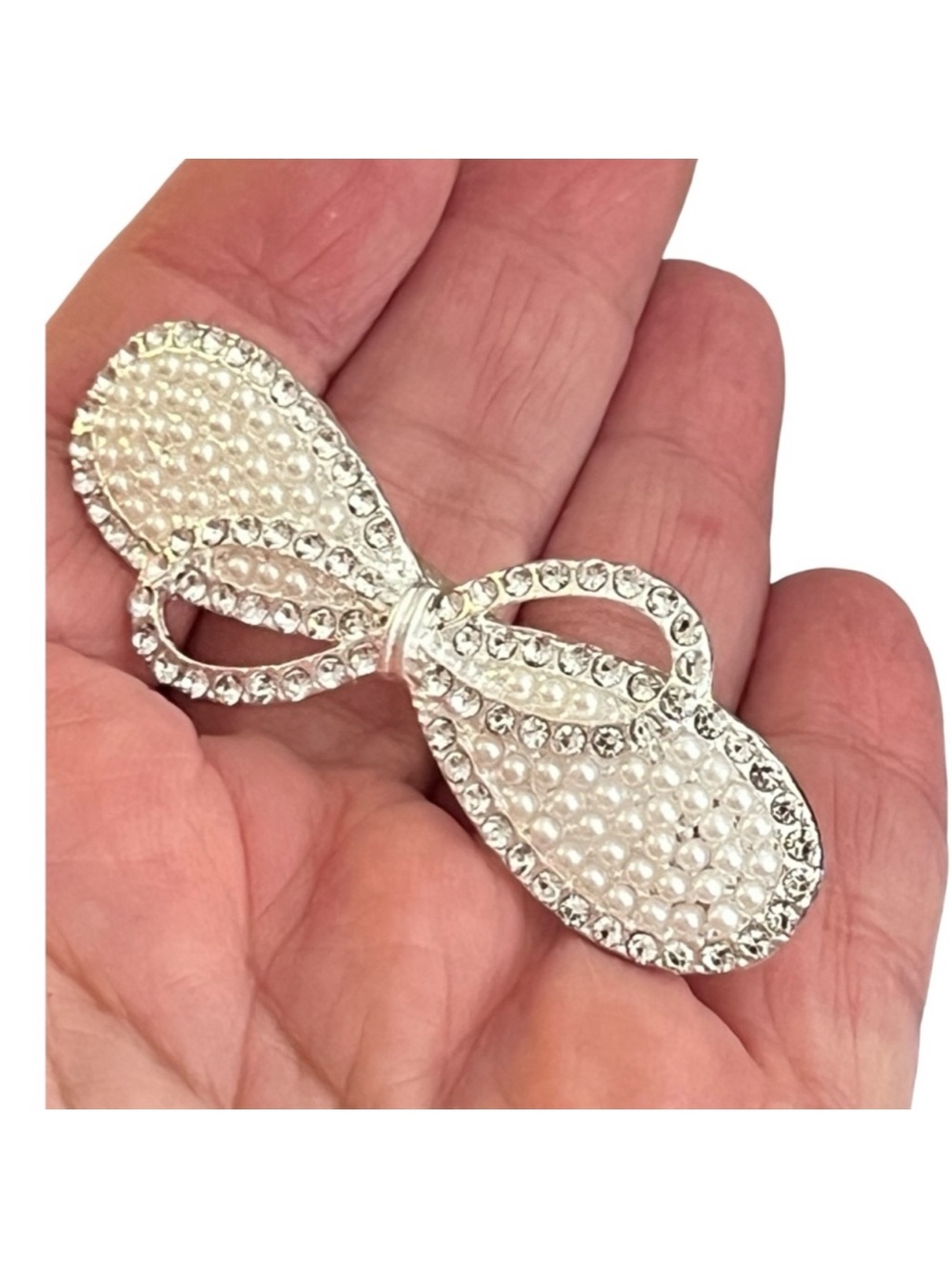Rhinestone and Pearl Bow Hair Clip - Silver Tone FINAL PRICE DROP